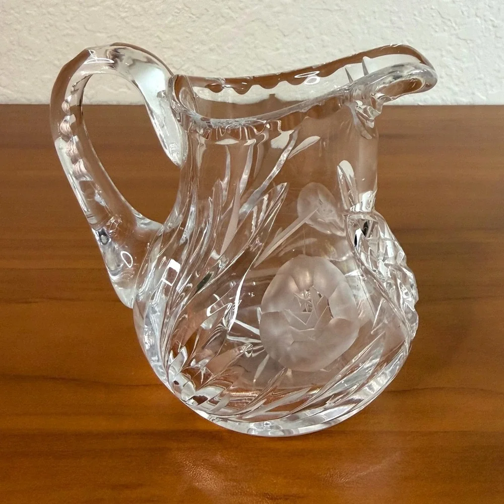 Vintage Lead Crystal Frosted Rose Creamer Pitcher Cut Glass Floral 4.25 Inch